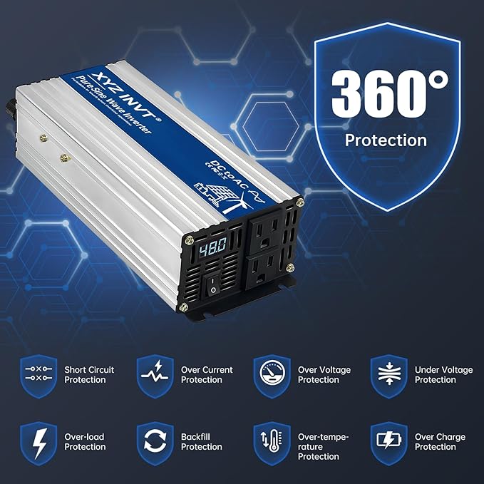 1000W Pure Sine Wave Inverter DC 48V to AC 110V 120V Power Converter 2000W Peak with LED Display for Most Small Power Appliances