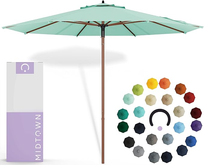 Midtown Umbrellas The Wooden 10 Feet Patio Umbrella With Sunbrella Canvas Glacier Acrylic Fabric - Aluminum Frame Market Umbrella For Backyard, Deck, Garden, Pool - Wooden Pole