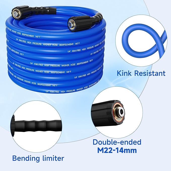 Pressure Washer Hose 25FT 1/4'' Kink Resistant 3600 PSI Power Washer Hose Extension with Leak-Free M22 Female and 3/8" Quick Connection Kit (25FT)
