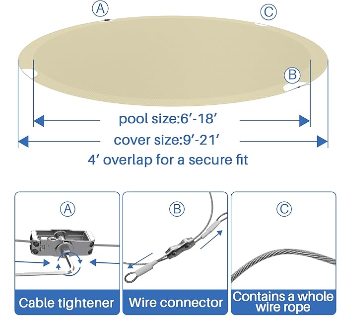 ECOOPTS 12 ft Round Pool Cover for Above Ground Pools, Swimming Pool Cover Protector Winter Safety Cover (Beige)