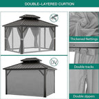 12'x10' Hardtop Gazebo, Heavy Duty Aluminum Permanent Hardtop Gazebo Outdoor Pavilion with Curtains and Netting for Garden (Gray, 12'x10')