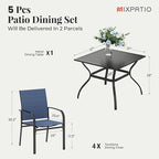 5 Pieces Patio Table and Chairs Set, 4 Person Outdoor Dining Furniture Set, 4 Blue Textilene Chairs and 37" Square Metal Table with Umbrella Hole, for Deck Backyard Lawn