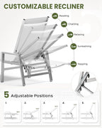 Patio Chaise Lounge Outdoor with Wheels&Armrests, Aluminum Pool Lounge Chairs 5-Position Adjustable Recliner, Sun Beach Lounge Chairs for Poolside, Patio, Deck, Yard, White