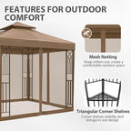 EAGLE PEAK 8x8 Patio Gazebo with Mesh Netting, Double Roof Outdoor Pavilion with Corner Shelves for Lawn, Deck, Garden and Backyard, Brown