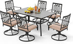 PHI VILLA 7 Pieces Patio Dining Set for 6, 60" Rectangle Metal Steel Table with Umbrella Hole & Swivel Wrought Iron Chairs with Cushions, Large Outdoo Furniture Set for Deck, Porch, Yard