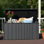 LANTRO JS 100 Gallon Metal Deck Box, Outdoor Storage Box Waterproof with Wheels, Lockable Storage Container for Patio Furniture Cushions Garden Tools, Dark Gray