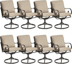 MELLCOM Patio Swivel Chair Set of 8, Heavy Duty Outdoor Dining Chairs with Thickened Cushions, Metal Patio Chairs Gentle Rocker for Outside, Garden Lawn & Porch, Backyard, Khaki