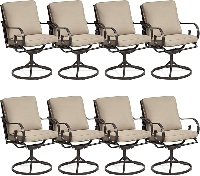 MELLCOM Patio Swivel Chair Set of 8, Heavy Duty Outdoor Dining Chairs with Thickened Cushions, Metal Patio Chairs Gentle Rocker for Outside, Garden Lawn & Porch, Backyard, Khaki