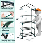 Worth Garden Upgraded 4 Tier Mini Greenhouse w/ Castors Wheels - Portable Small Gardening Green House w/ Clear PVC Cover - Heavy Duty Swivel Castors w/ Brakes - 65''H x 27''L x 19''W Indoor & Outdoor