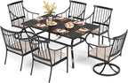 PHI VILLA 7 Pieces Outdoor Dining Set with Cushion for 6, 60” Rectangular Metal Dining Table with Umbrella Hole & Cushioned Iron Swivel Chairs Furniture Set for Patio, Deck, Yard