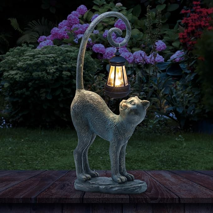 Solar Cat Outdoor Statues Halloween for Garden: Outdoor Decor Cat Figurine for Yard, Lawn, Patio, Porch, Balcony - Animal Art for Home Backyard - Birthday Gifts for Women Grandma Mom Sister