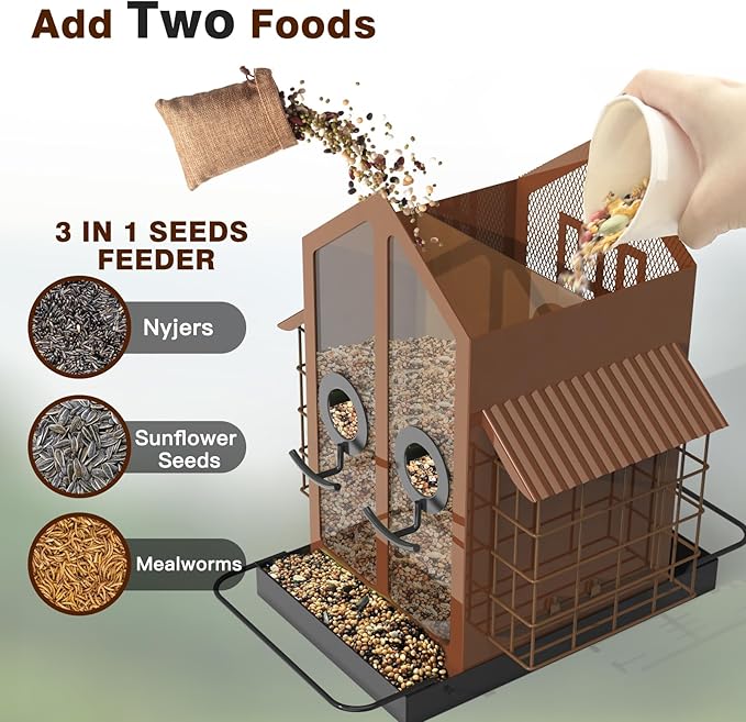 Bird Feeders for Outdoors, Metal Bird Feeder with Double Suet Cage Weatherproof Metal Roof, 2 in 1 Mixed Seeds Suet Feeder, 4Lbs Large Capacity, Great for Finch、Cardinal、Chickadee（Brown）