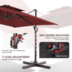 10x10 FT Cantilever Patio Umbrella Double Top Outdoor Square Large Heavy Duty Aluminum Offset Umbrellas with 7 Level Tilt 360-degree Rotation for Pool Garden Deck, Wine Red