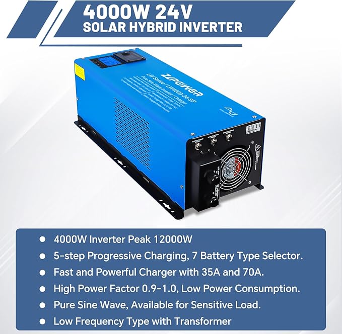ZLPOWER 4000W 24V DC Pure Sine Wave Inverter, 12000W Peak, 120V/240V AC Split Phase Output with Battery Charger, LCD Display, Off-Grid Low Frequency Inverter for Home RV Camping (4000W)