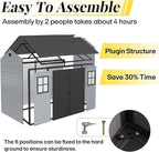 8x4 FT Resin Storage Shed with Floor Included, Outdoor Plastic Sheds & Outdoor Storage Clearance with 2 Windows and Lockable Door, Backyard Storage Shed for Garden Tools, Bike, Black+Grey
