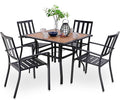 PHI VILLA 5 Piece Outdoor Dining Set for 4, 37” Metal Steel Dining Table with Wood-Like Tabletop & Stacking Wrought Iron Chairs for Patio, Deck, Yard