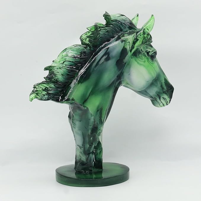 Lukitas Green Horse Head Statue - Modern Abstract Home Decor Sculpture, Elegant Living Room Office Accent Piece, Handcrafted Art Glass-Like Ornament, Transparent Resin 12''