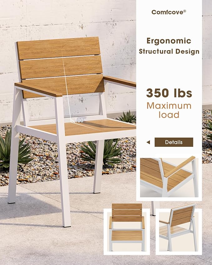 Outdoor Patio Dining Set for 6, Aluminum 7 Piece HDPE Patio Table and Chairs Set with Umbrella Hole, Modern Rectangular Patio Furniture Set with All-Weather Table & 6 Chairs (White & Teak)