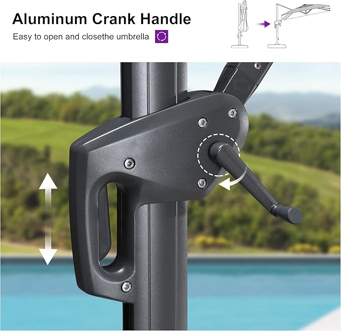 PURPLE LEAF 10' X 6.5' Swivel Outdoor Patio Aluminum Umbrella with Base Left-right Tilting Cantilever Offset Umbrella with UV Resistant Heavy Duty Fabric for Deck Pool Patio Backyard, Pebble Grey