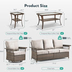 5 Pieces Wicker Patio Furniture Set - Hollow Widen Armrests Outdoor Swivel Glider Chairs and 3 Seat Sofa with Coffee Table & Side Table for Balcony Porch Deck and Yard - Brown/Beige