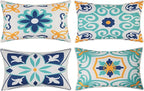 Outdoor Waterproof Throw Pillow Covers Set of 4 Floral Printed and Boho Farmhouse Outdoor Pillow Covers for Patio Funiture Garden 12x20 Inch Blue