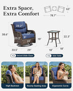 HILLGA Luxury Patio Furniture Set with 6-inch Thick Cushion, Outdoor High Back Swivel Rocker Patio Chairs, 3PCS Wicker Conversation Set for Deck Yard and Poolside, Blue (V2)
