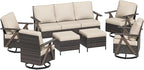 7 Pieces Patio Furniture Set,Outdoor Sofa & High Back Swivel Rocker Patio Chairs, Wicker Conversation Set with Ottoman for Deck Yard and Poolside