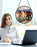 Stained Glass Window Hanging, Galloping Horses Sun Catcher for Door Home Decor Colorful Suncatcher Christmas Mother's Day Birthday Gifts for Women Men Mom and Nana 15 in