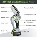 WORKPRO Mini Chainsaw, 6.3“ Brushless Cordless Power Compact Chain Saw with 4.0Ah Battery, 20V One-Hand Operated Portable Wood Saw with Replacement Chain for Garden Tree Branch Pruning, Wood Cutting