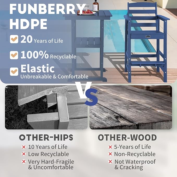FUNBERRY Bar Height Outdoor Chair, Tall Adirondack Chair, All Weather HDPE Outdoor Bar Chairs for Bistro Patio Balcony