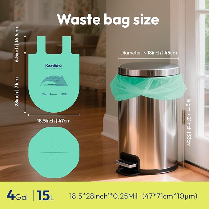 4 Gallon 200 Counts Small Green Trash Bags with Handle, Ocean Fishing Nets Upcycling, Sage & Sea Salt Scented, Plastic Garbage Bags, Waste Bag for Kitchen, Bathroom, Office and Pets