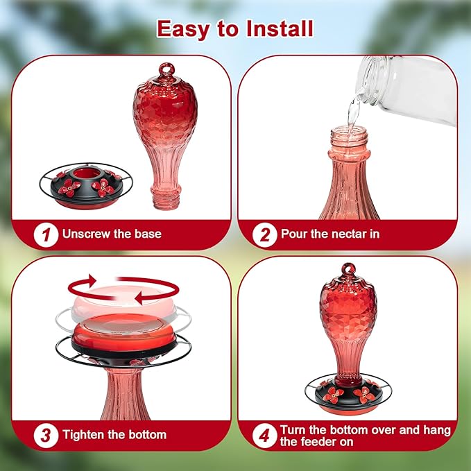 Glass Hummingbird Feeder for Outdoors with Ant Moat - Hand Blown Humming Bird Feeder, 5 Feeding Ports, Leak-Proof, 20 Ounces, Elegance Garden Decoration, Gift for Mom Dad Elderly