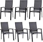 PHI VILLA Outdoor Stackable Chairs, Patio Chairs Set of 6, Light Weight Aluminum Frame with Textilene Fabric & Wood Armrest, High Back Deck Chairs for Poolside Lawn Garden, Gray