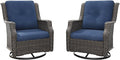 Swivel Patio Chair Outdoors - 360 Degree, Set of 2, Glider Chair with 3.5" Olefin Fabric Cushions (Mixed Grey Rattan/Navy)