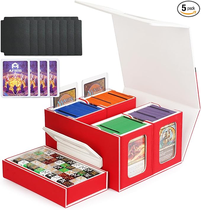 AFIING Commander Deck Box for MTG/EDH, Fits 400+ Double-Sleeved Cards, with Display Window, 4 Removable Deck Cases, Dividers, Dice Tray & Handle, Card Holders for TCG (White Red)
