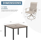 DIFY 5 Pieces Outdoor Patio Dining Set for 4, 40.2" Metal Square Dining Table and 4 Sandshell Textilene Swivel Dining Chairs, Outdoor Table and Chairs