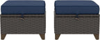 2 Pieces Patio Outdoor Ottomans with Removable and Washable Covers，PE Rattan Wicker Footstools for Porch, Garden, Sunroom (Navy Blue)