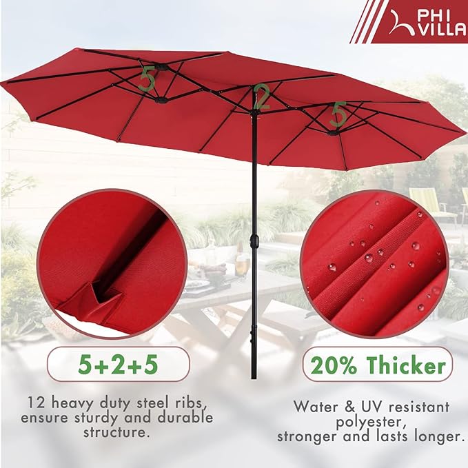 PHI VILLA 7 Piece Patio Dining Set with Umbrella, 60” Rectangular Metal Dining Table & 6 Cushioned Rattan Wicker Chairs & 13ft Large Red Umbrella for Outdoor, Deck, Yard, Porch