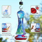 Hummingbird Feeder for Outdoors Hanging, Hand Blown Glass Hummingbird Present with Perch, Leak Proof, Never Fade, 4 Feeding Ports, 38 fl.oz, Include Hook, Ant Moat, Rope, Brush, Present for Garden