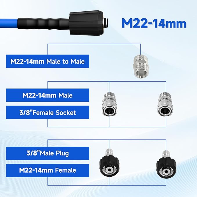 Pressure Washer Hose 25FT 1/4'' Kink Resistant 3600 PSI Power Washer Hose Extension with Leak-Free M22 Female and 3/8" Quick Connection Kit (25FT)