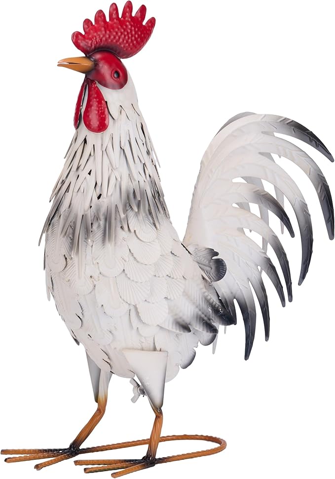 TERESA'S COLLECTIONS Garden Decor, White Rooster Garden Decor, Waterproof Metal Garden Statue, 17.5", Rooster Gifts, Garden Gifts for Women Mom Dad, Indoor/Outdoor