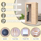 1 Person Infrared Sauna, Hemlock Wooden Indoor Far Infrared Side-Opening Sauna Room,Home Dry Sauna with 6 Infrared Heating Panels Tempered Glass Door,Bluetooth Speakers 7 Chromotherapy Lights（1350W）
