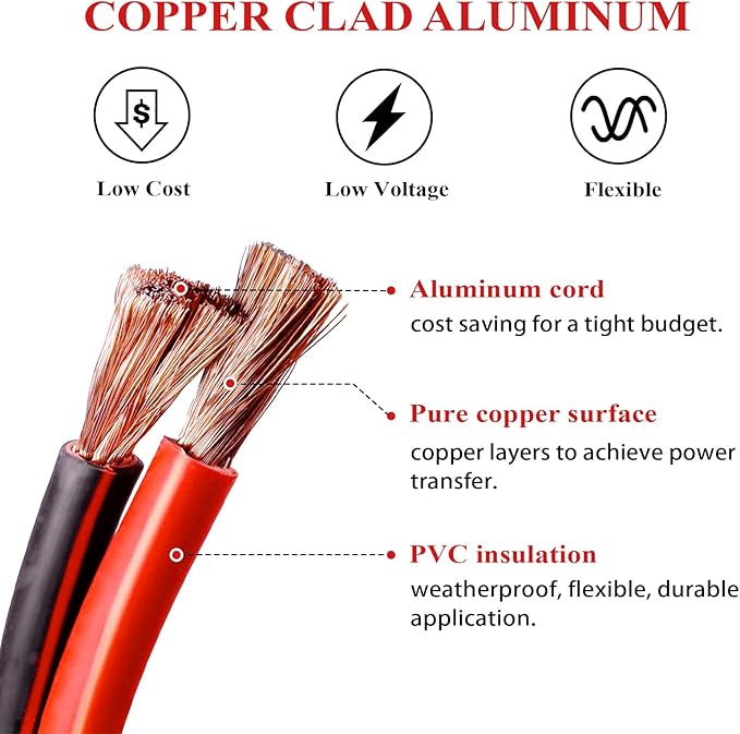 2 Gauge Battery Power Cable (25 Feet Black, 25 Feet Red) - 2 AWG Copper Clad Welding Wire with M8 & M10 SC Connector Lugs for Car, Camper, RV, Solar Low Voltage Wiring