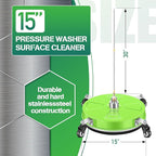15“ Pressure Washer Surface Cleaner with 4 Wheels - Coated Green Stainless Steel Surface Cleaner for Pressure Washer Attachment for Concrete, Driveway, Patio, Sidewalk, Deck and Driveways - PWS15G