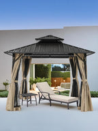 10' x 10' Hardtop Gazebo, Aluminum Frame Outdoor Patio Gazebos with Netting and Curtains, Outdoor Gazebo Canopy, Patio Pergola with Double Steel Roofs for Backyard, Patio, Deck, Sandstone