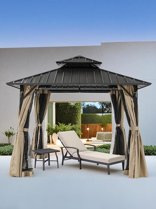 10' x 10' Hardtop Gazebo, Aluminum Frame Outdoor Patio Gazebos with Netting and Curtains, Outdoor Gazebo Canopy, Patio Pergola with Double Steel Roofs for Backyard, Patio, Deck, Sandstone