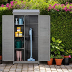 Stylish Grey & Solid Wood Outdoor Storage Shed – Durable Metal Top Vertical Tool Cabinet Ideal for Backyard, Garden, and Patio Organization
