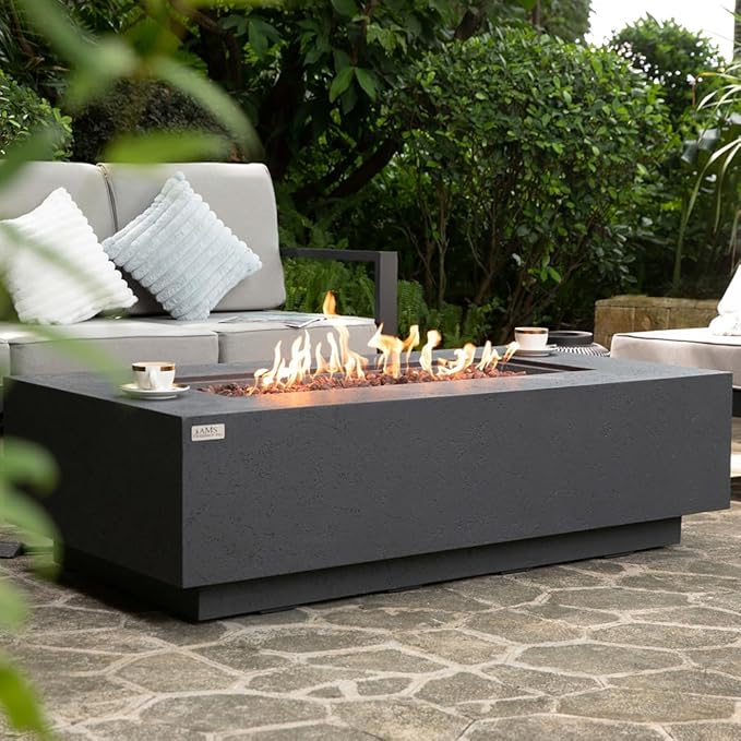 AMS Creations | Madison 60" Rectangular Propane Gas Outdoor Fire Pit Table | Dark Gray Concrete GFRC | Limestone Texture or Surface | Electronic Ignition | Outside Backyard Fireplace