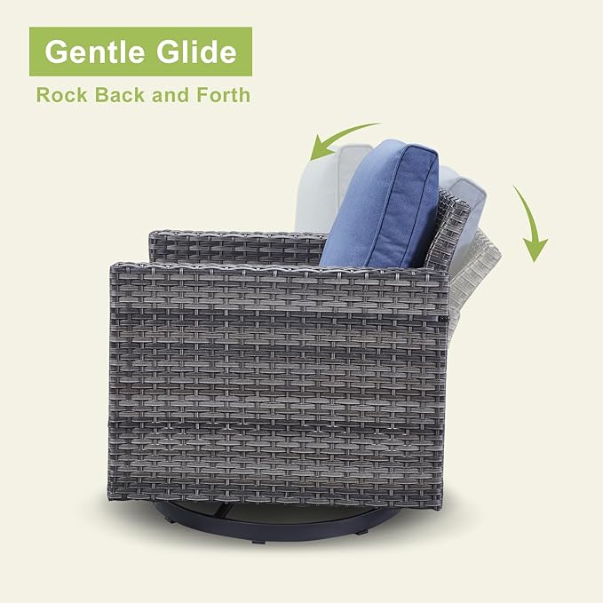 Wicker Outdoor Patio Furniture Set - 6 Piece Patio Conversation Set with 2 Swivel Rocker Chairs,2 Rattan Ottoman,1 Couch and 1 Metal Coffee Table for Outside Porch Deck Backyard(Mixed Grey/Blue)