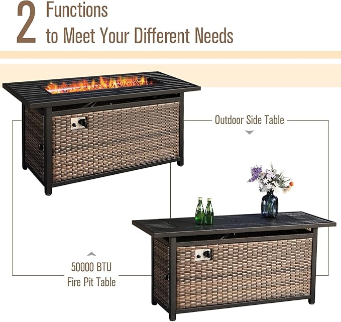 MFSTUDIO Outdoor Patio Furniture Set with 56" Fire Pit Table, 6 PCS Metal Patio Conversation Sets for 7, Patio Sectional Set with 3-Seat Sofa, 2 Ottoman, 2 Fixed Sofa Chairs, 1 Fire Pit Table